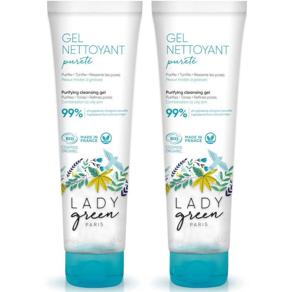 Twee tubes Lady Green Gel Nettoyant Pureté Bio, een zuiverende gel voor de gecombineerde tot vette huid.