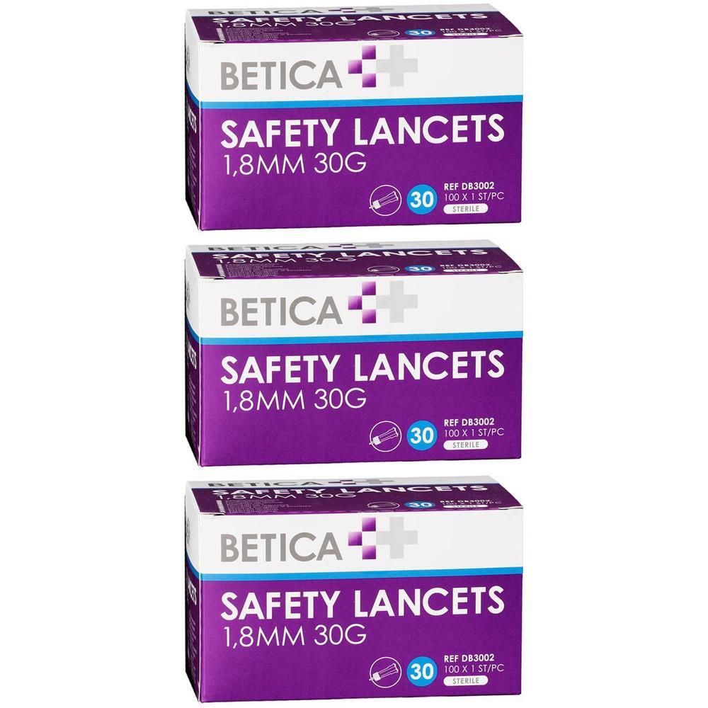 Trois boîtes de lancettes de sécurité Betica, 1,8 mm, 30G, 30 pièces par boîte.
