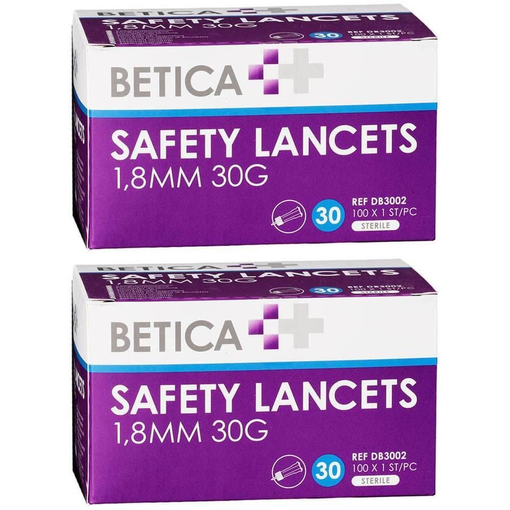 Deux boîtes violettes de lancettes de sécurité, 1,8 mm 30G, stériles, 100 pièces.