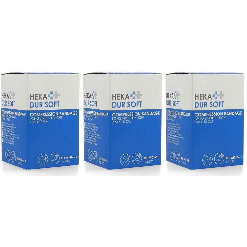 Trois boîtes de bandage compressif Heka Dur Soft, 7 m x 10 cm.