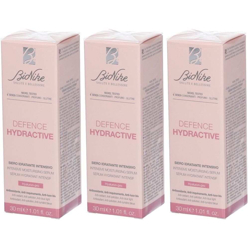 Drie BioNike DEFENCE HYDRACTIVE serum verpakkingen, elk 30 ml.