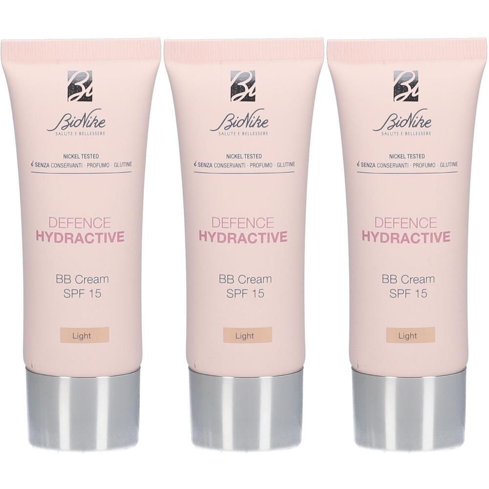 Drie BioNike Defence Hydroactive BB Cream SPF15 Light tubes.