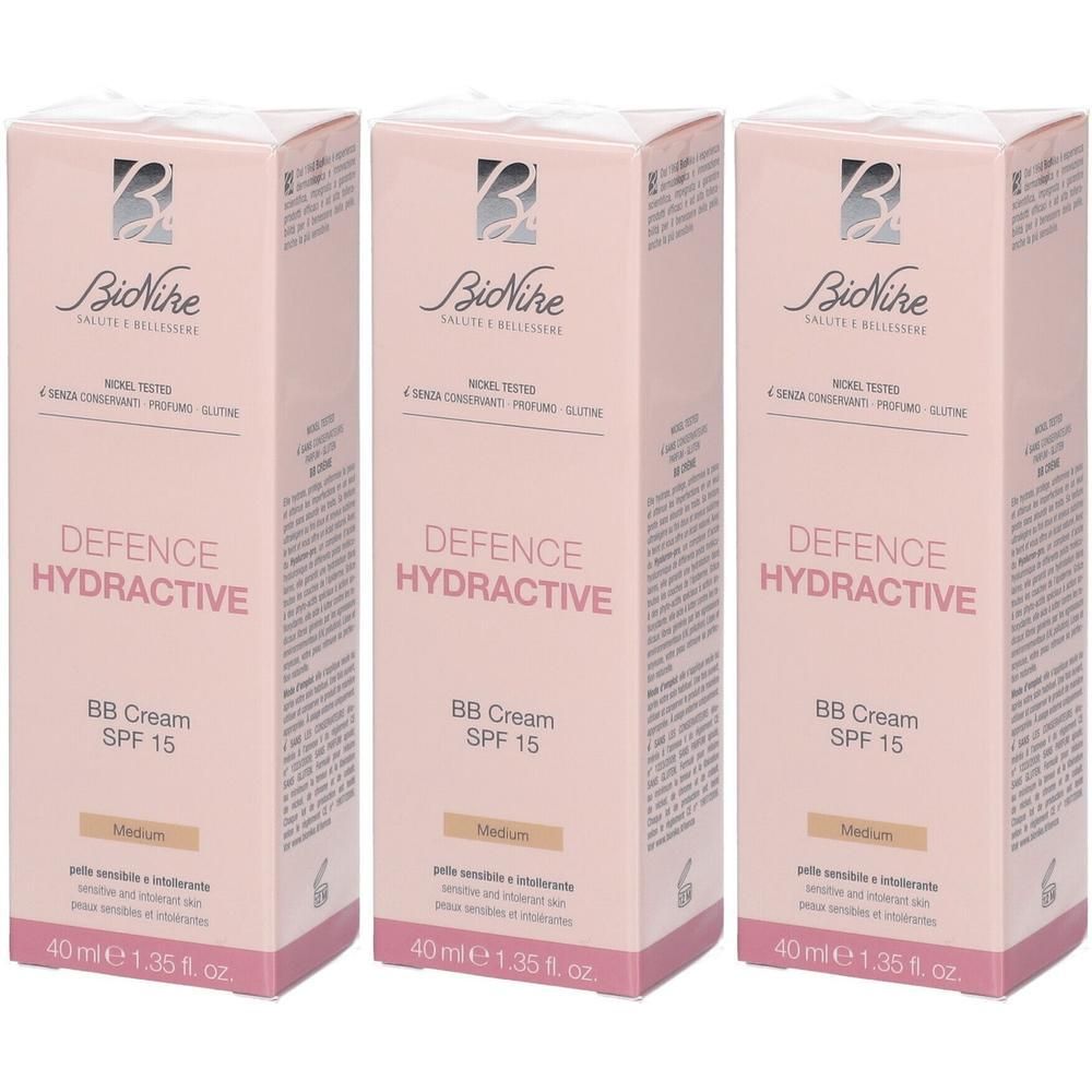 Drie verpakkingen BioNike Defence Hydractive BB Cream SPF15, tint Medium.