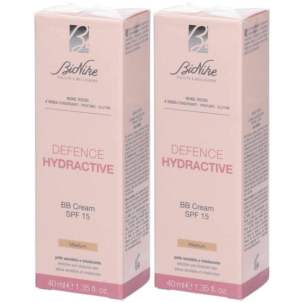 Deux boîtes de BioNike Defence Hydroactive BB Cream SPF15, teinte Medium.