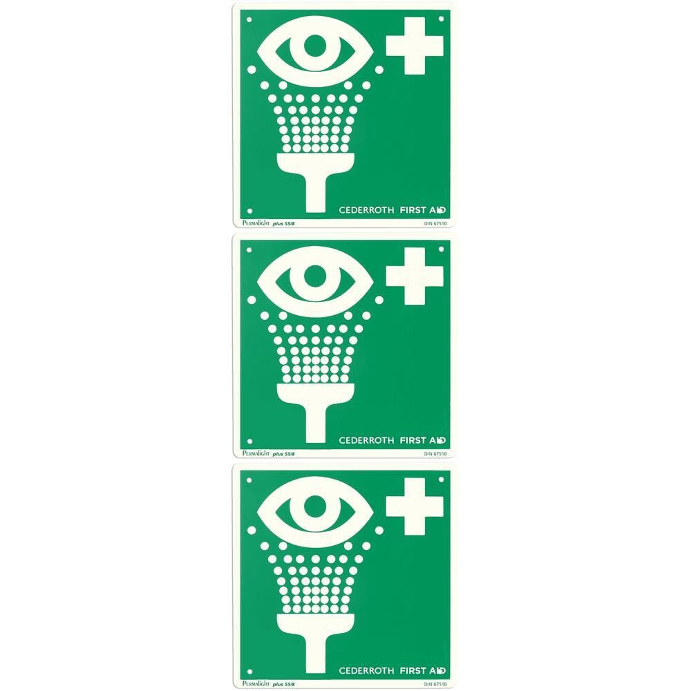 Groen bord met witte oogspoelsymbool en kruis. Tekst: Cederroth First Aid.