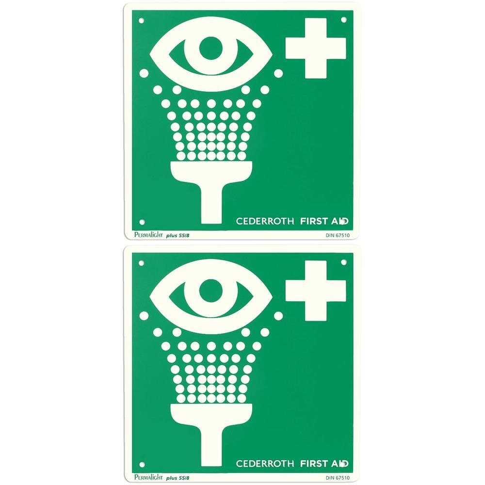 Groen bord met oogspoelsymbool en wit kruis. Cederrroth First Aid.