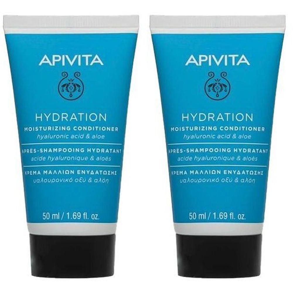 Deux tubes d'après-shampoing hydratant Apivita, 50 ml.