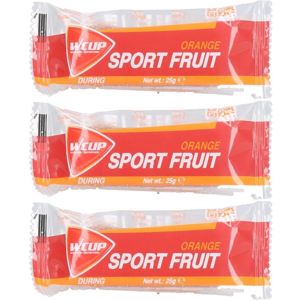 Trois barres WCUP Sport Fruit emballées individuellement, saveur orange.