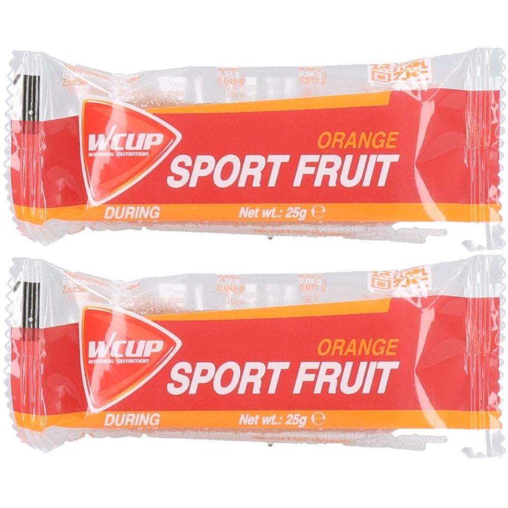 Deux barres WCUP Sport Fruit saveur orange, emballées individuellement.