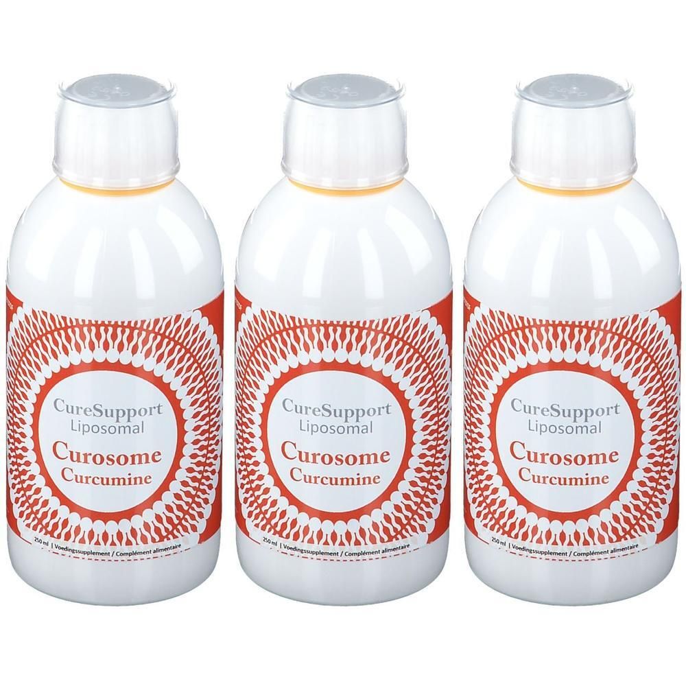 Drie witte flessen met rood etiket, CureSupport Liposomal Curosome Curcumine.