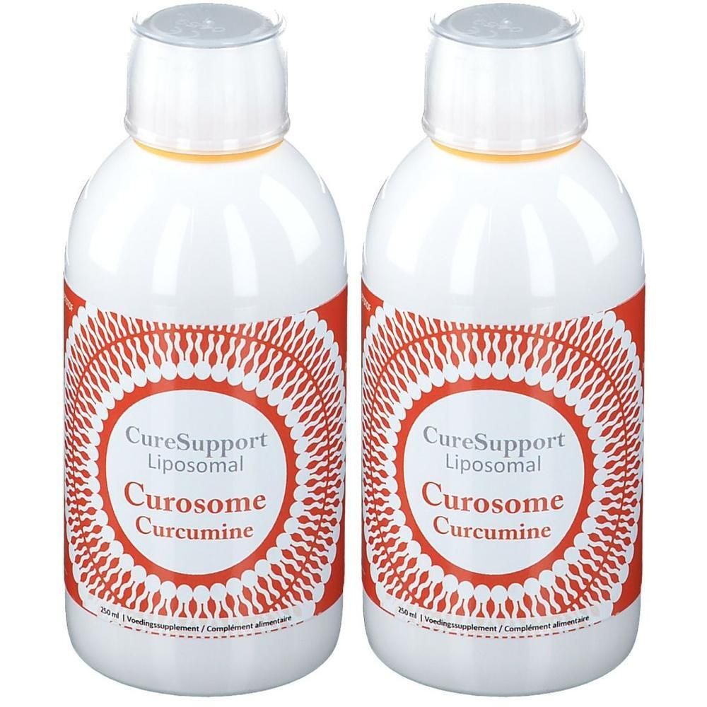 Twee witte flessen met rood patroon en tekst 'CureSupport Liposomal Curosome Curcumine'.