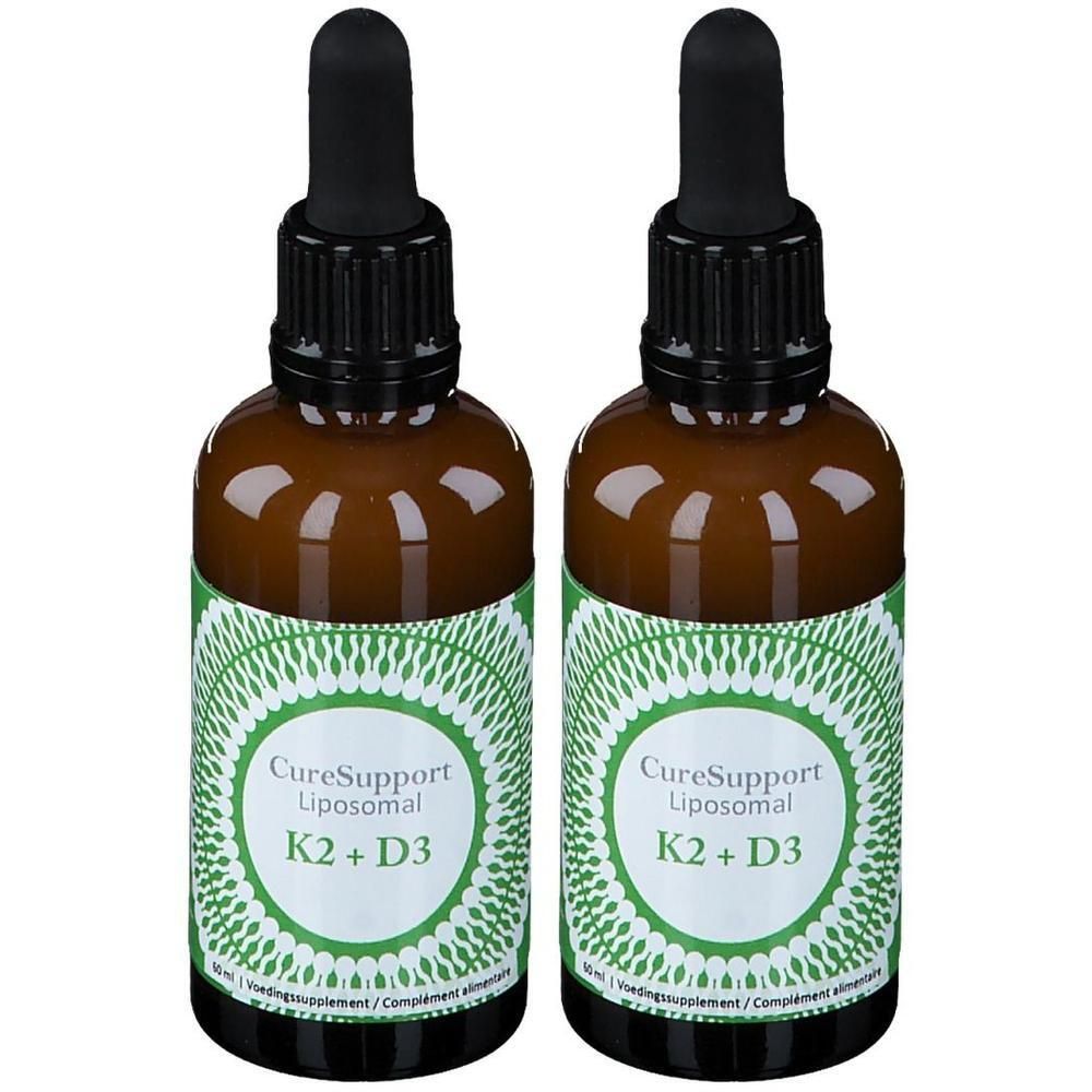 Deux flacons compte-gouttes bruns avec étiquette verte, CureSupport Liposomal K2 + D3.