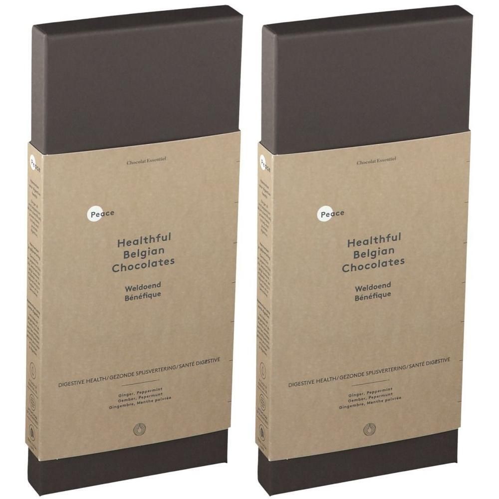 Deux paquets de "Healthful Belgian Chocolates" avec un manchon brun et une base foncée.