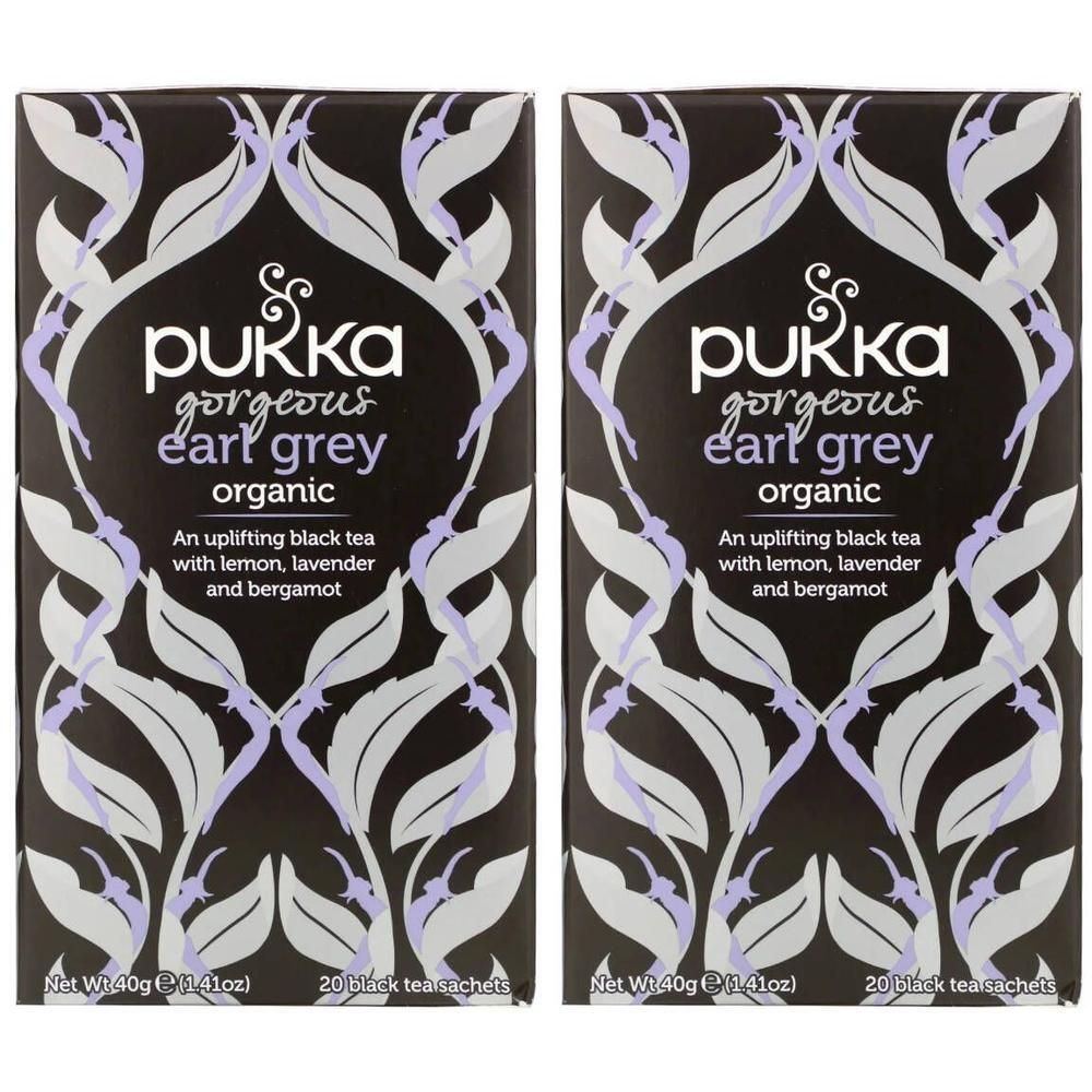 Deux paquets de thé Pukka Earl Grey Bio avec citron, lavande et bergamote.