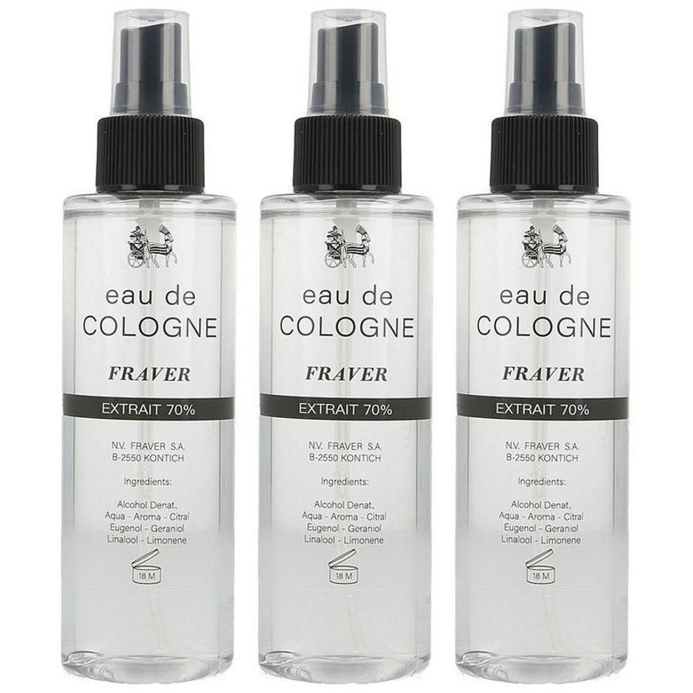 Trois flacons de Fraver Eau de Cologne Extrait 70%. Liquide clair dans des flacons pulvérisateurs transparents avec bouchons noirs.