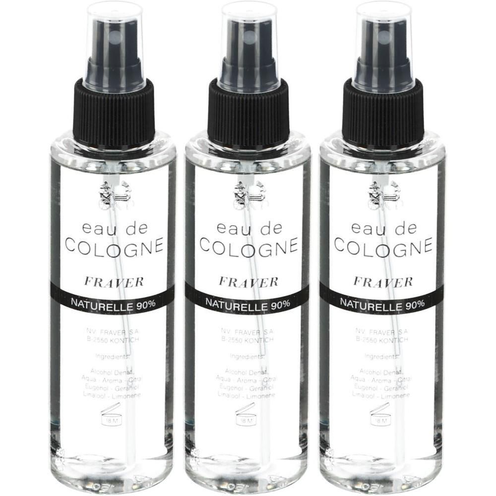 Drie flacons Eau de Cologne FRAVER Naturelle 90% Spray met zwarte spuitkoppen.