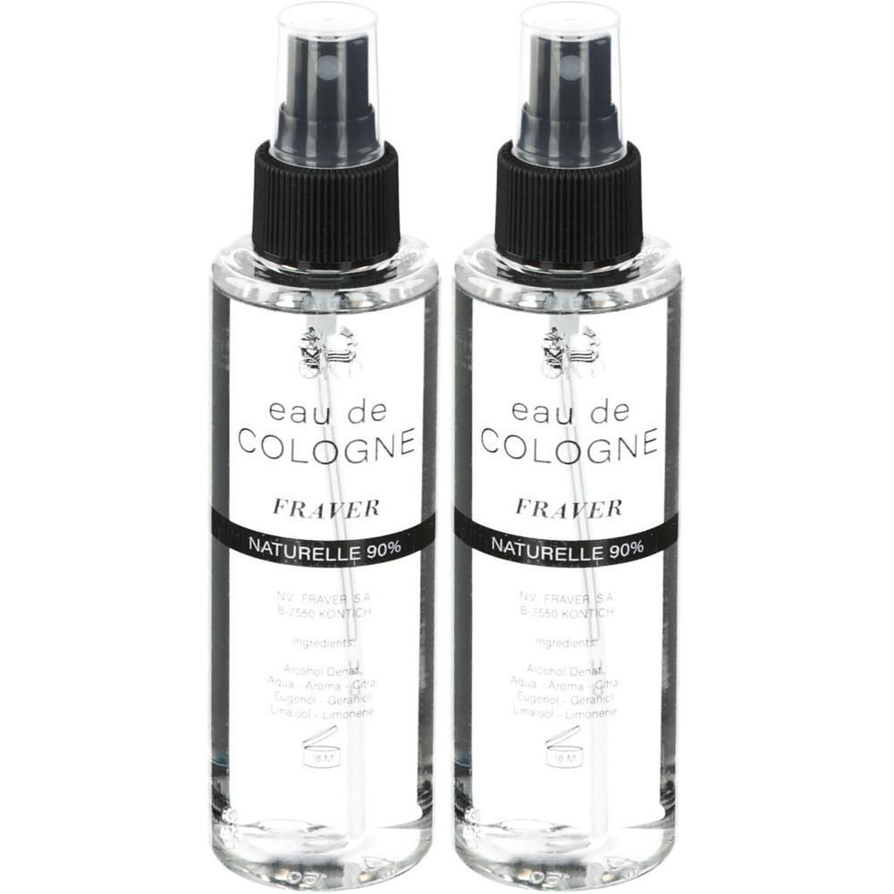 Twee flessen Fraver Eau de Cologne Naturelle 90% Spray met verstuiver.