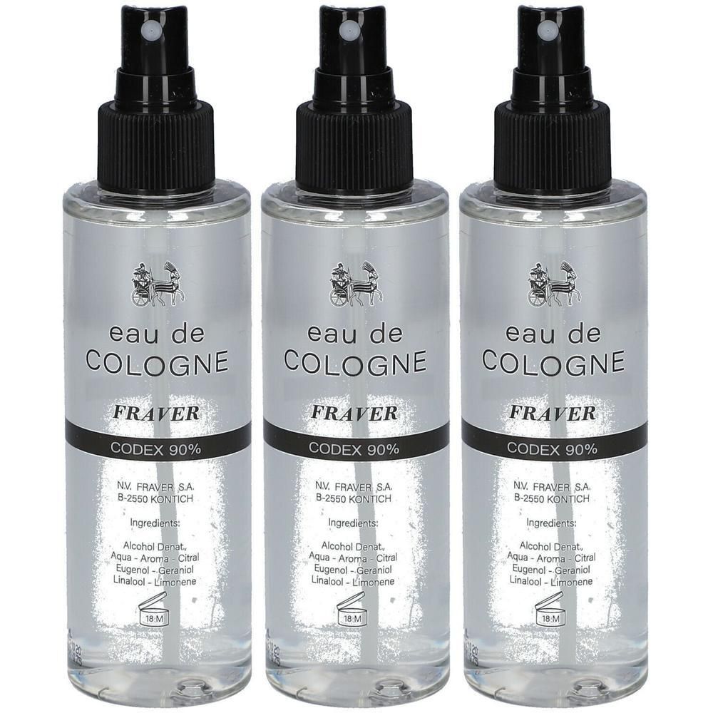 Trois flacons de Fraver Eau de Cologne Codex 90% Spray avec têtes de pulvérisation noires.