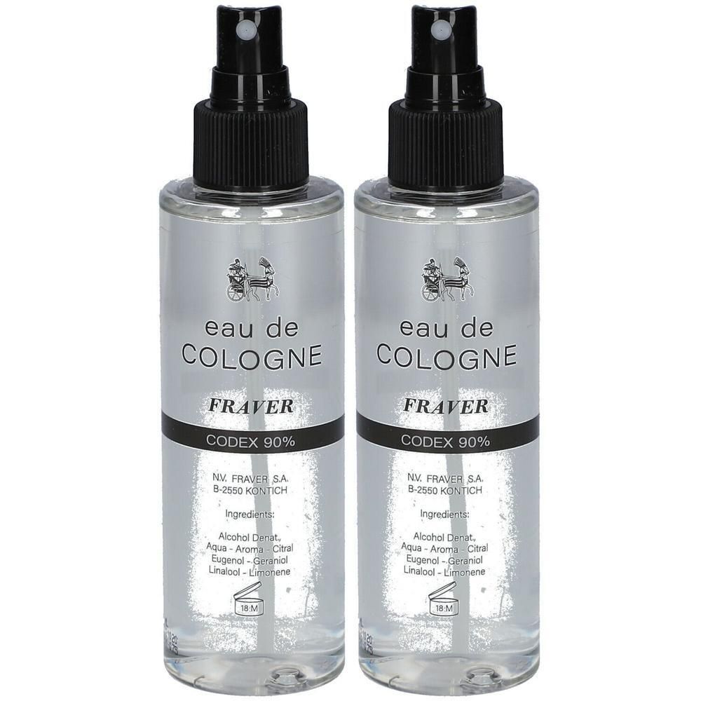 Deux flacons d'Eau de Cologne Codex 90% de Fraver avec vaporisateur.