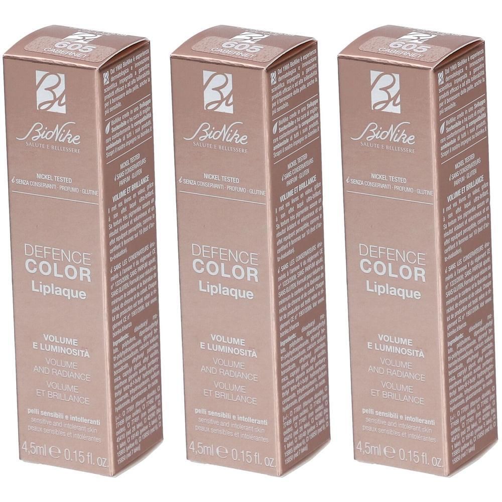 BioNike Defence Color Liplaque 605 Cabernet : Trois emballages du produit Liplaque.