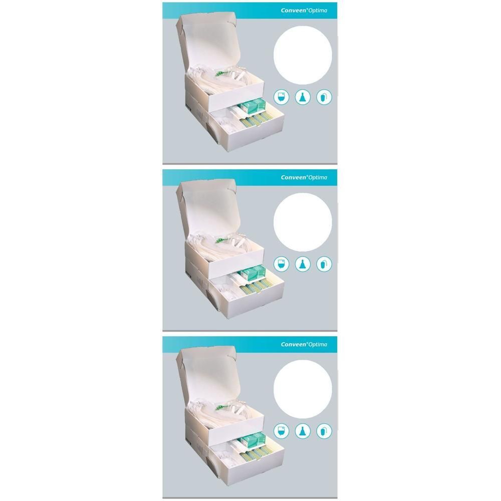 Emballage de trois unités, chacune contenant un Conveen Optima Pack. Chaque unité montre un produit ouvert avec accessoires.