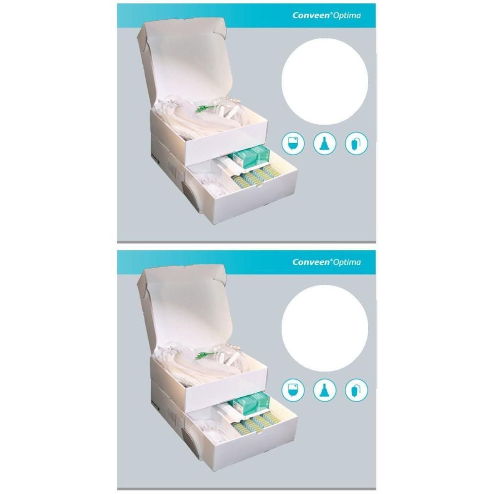 Deux boîtes blanches ouvertes contenant des produits médicaux, y compris des tubes et des paquets verts.