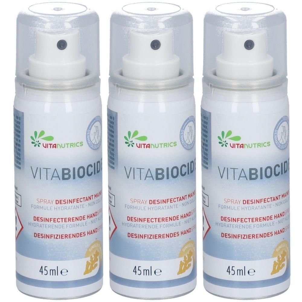 Trois flacons spray Vitanutrics Vitabiocide désinfectant pour les mains, 45ml.