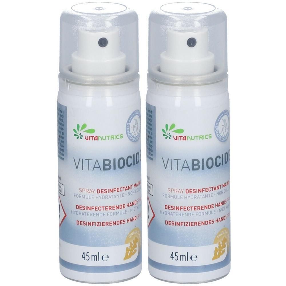 Twee Vitanutrics Vitabiocide sprays, elk 45ml. Desinfecterend en hydraterend.