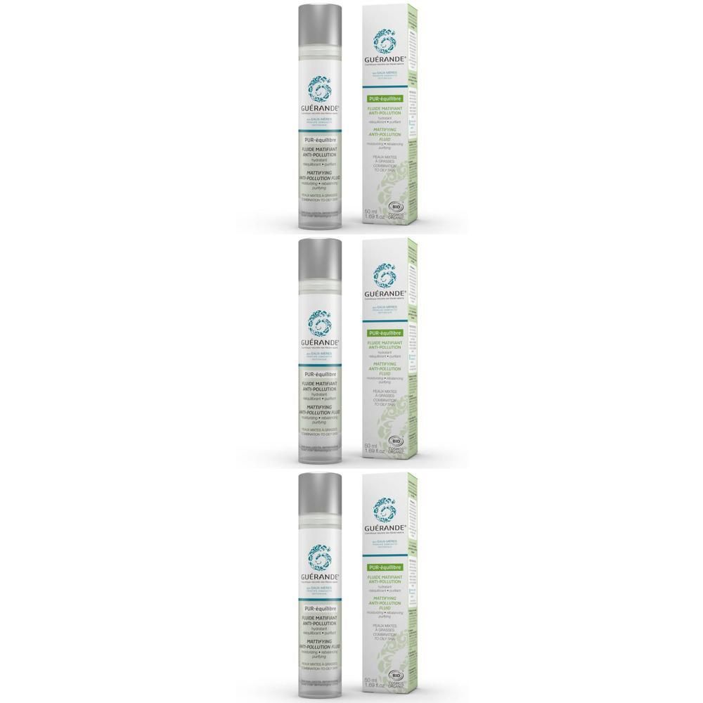 Drie flacons en dozen van de Guérande PUR-Équilibre Fluide Matifiant Anti-Pollution Bio.