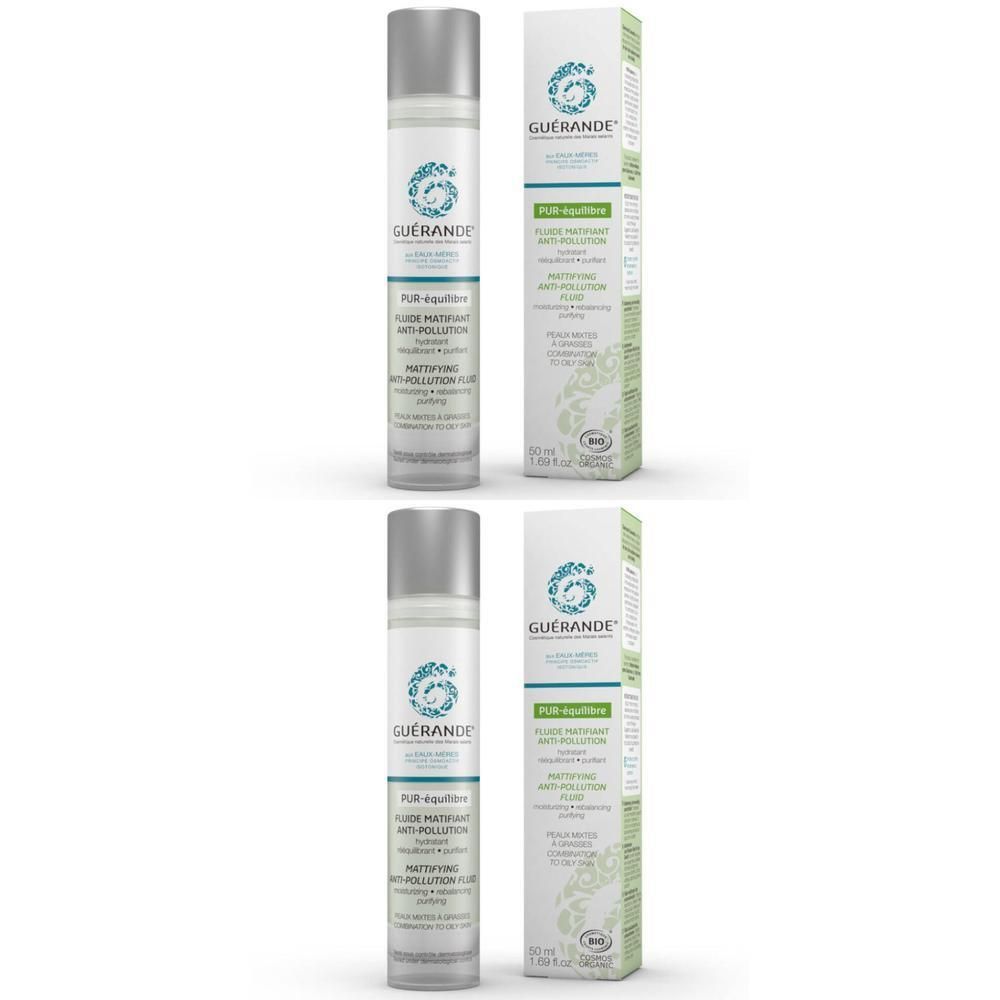 Deux flacons de fluide matifiant anti-pollution avec emballage. Certifié Bio.