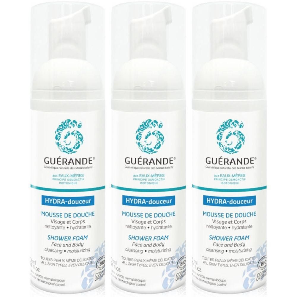 Trois flacons de mousse de douche HYDRA-Douceur Guérande. Pour visage et corps.