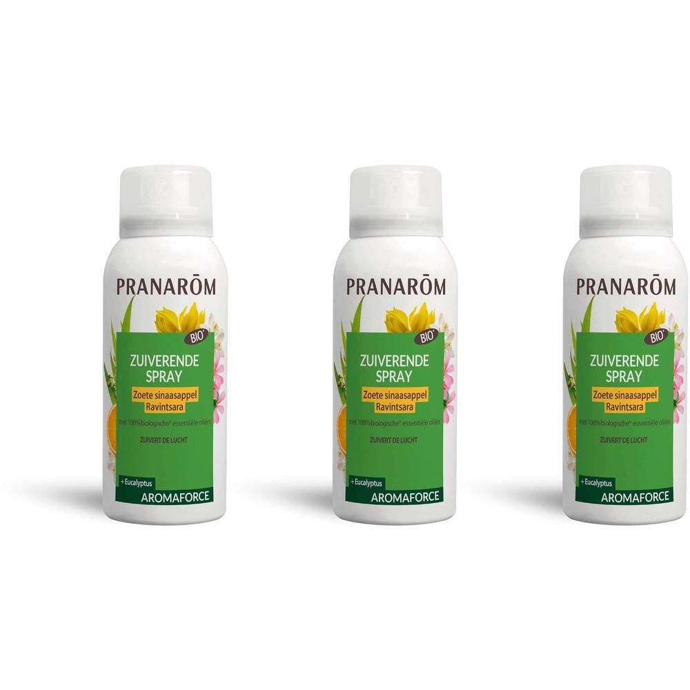 Trois flacons spray Pranarôm Aromaforce avec étiquettes vertes et motifs floraux.