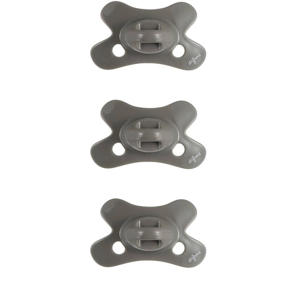Drie grijze Difrax fopspenen met een symmetrisch schild en een ringvormige greep.