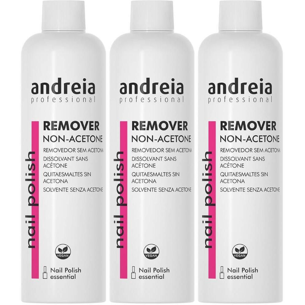 Trois bouteilles de dissolvant pour ongles Andreia sans acétone.