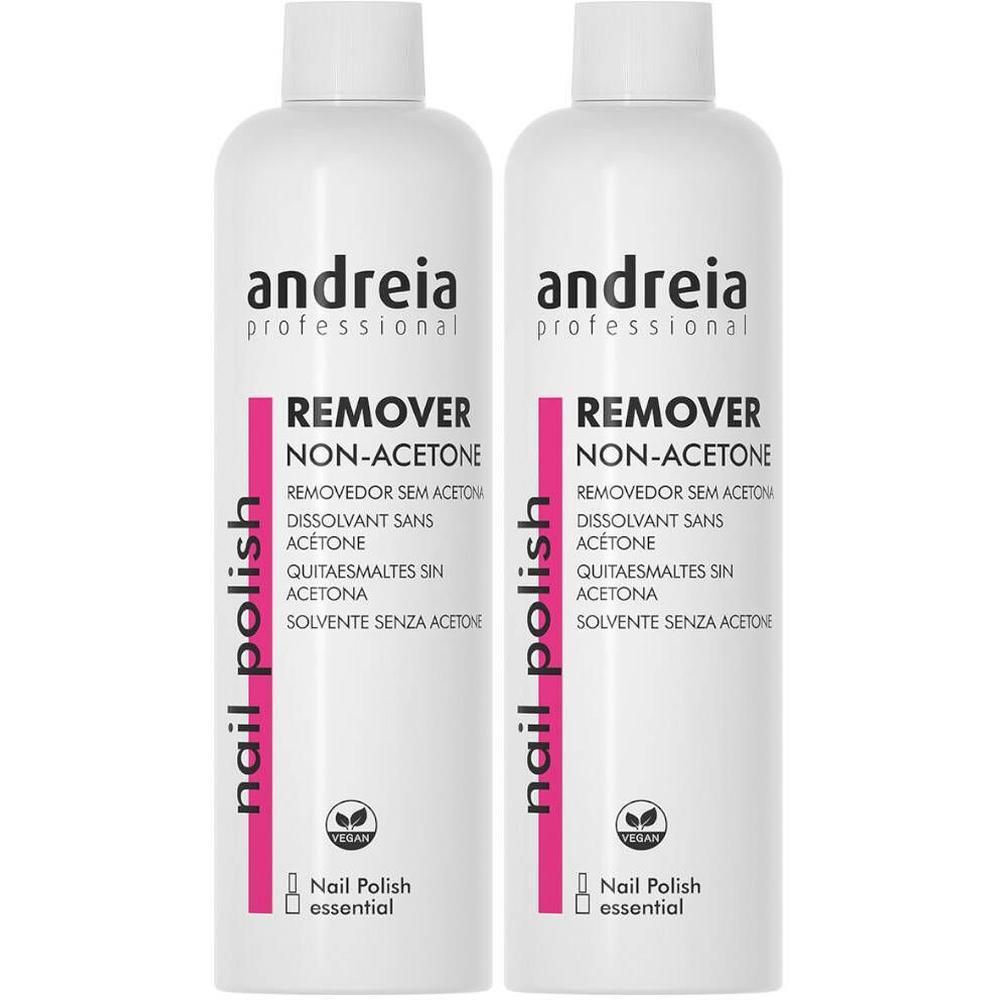 Twee flessen Andreia nagellakremover zonder aceton. Witte flessen met roze en zwarte belettering.