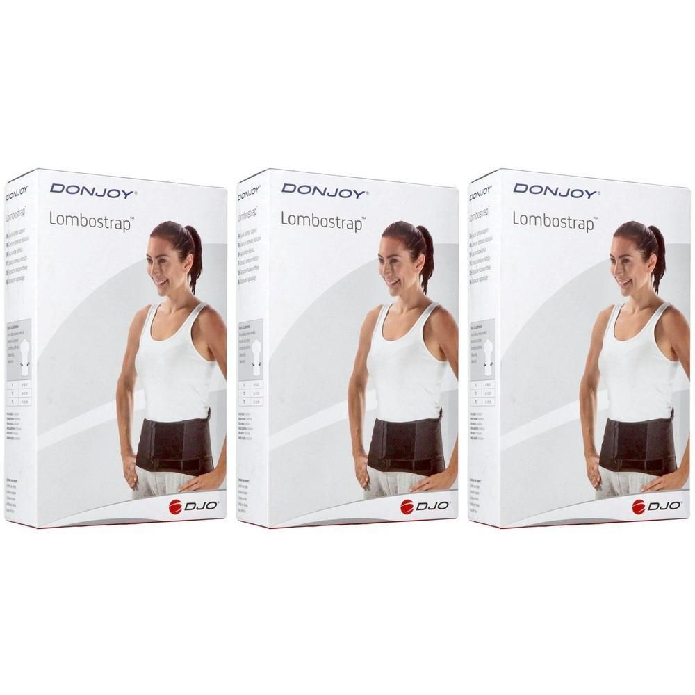 Trois paquets du Lombostrap DonJoy avec des images d'une femme portant la ceinture.