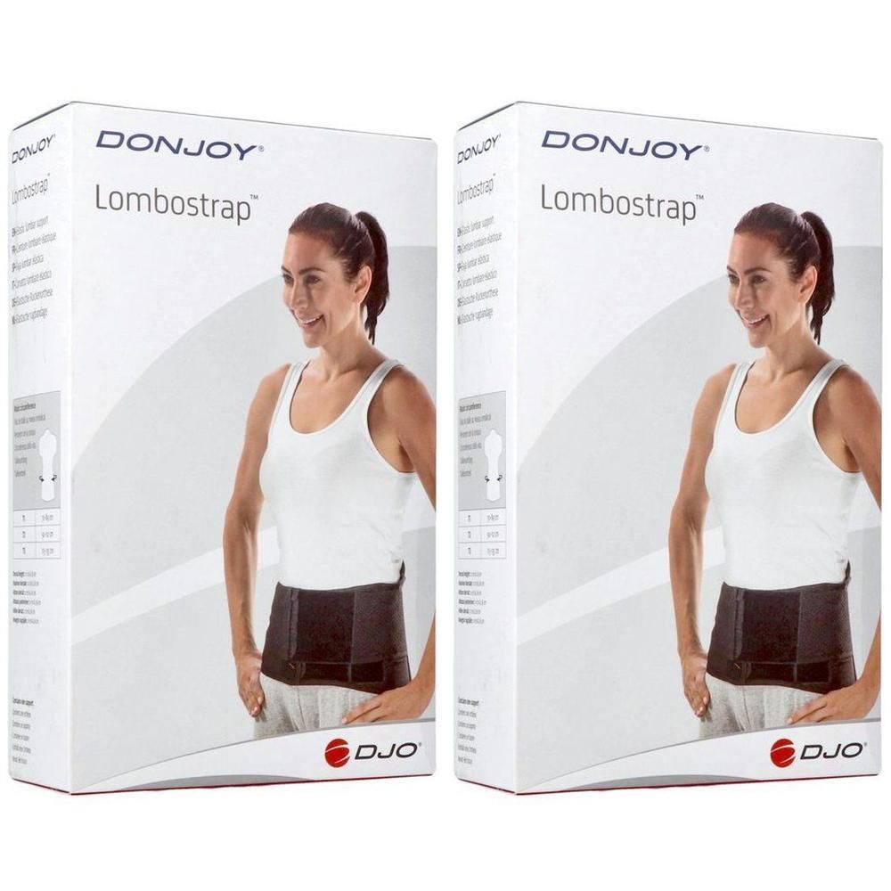 DonJoy Lombostrap rugband, zwart, met klittenbandsluiting. Verpakking met vrouw.
