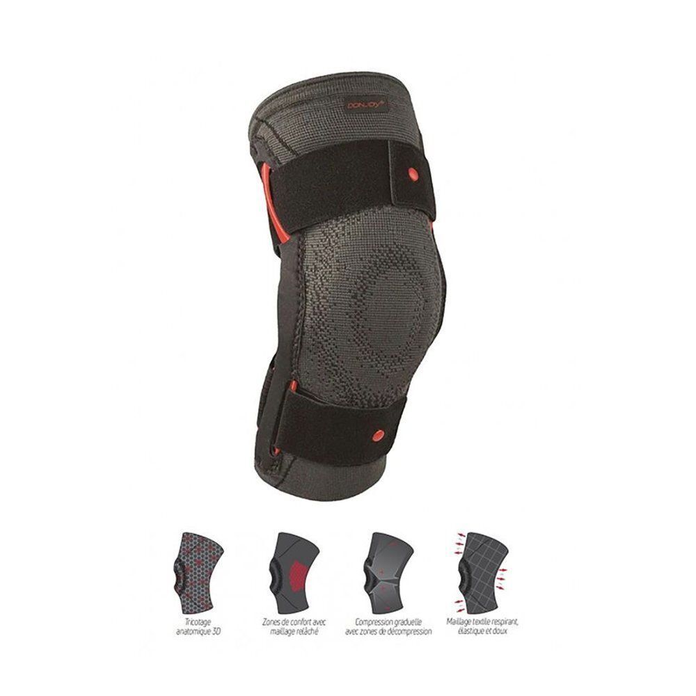 Grijze kniebrace met patella-uitsparing, klittenbandsluitingen en compressiezones.