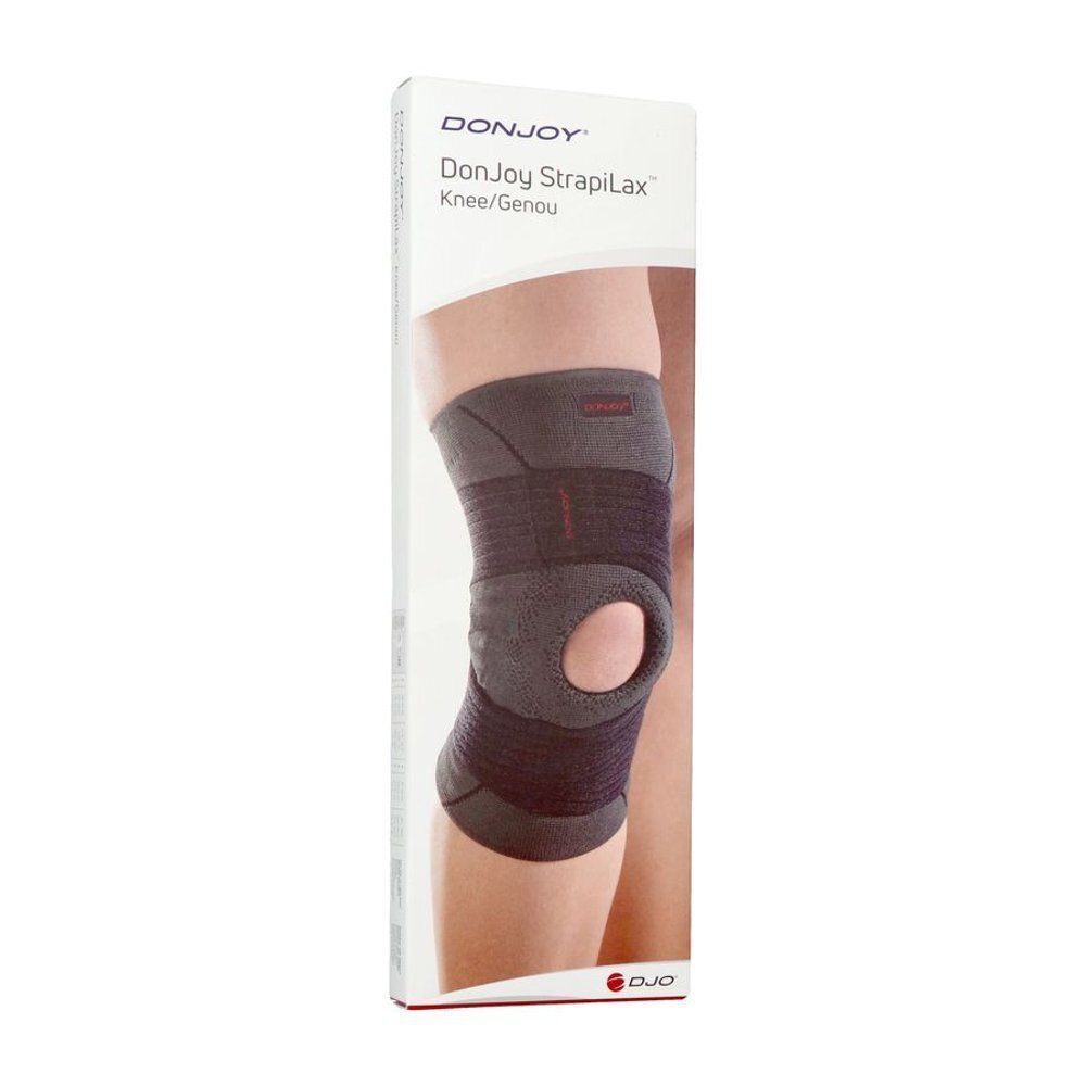 Verpakking van de DonJoy StrapiLax kniebrace met afbeelding van een knie-ondersteuning.