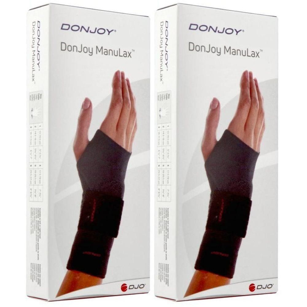 Twee verpakkingen DonJoy ManuLax polsondersteuning. Toont een hand met een zwarte ondersteuning.