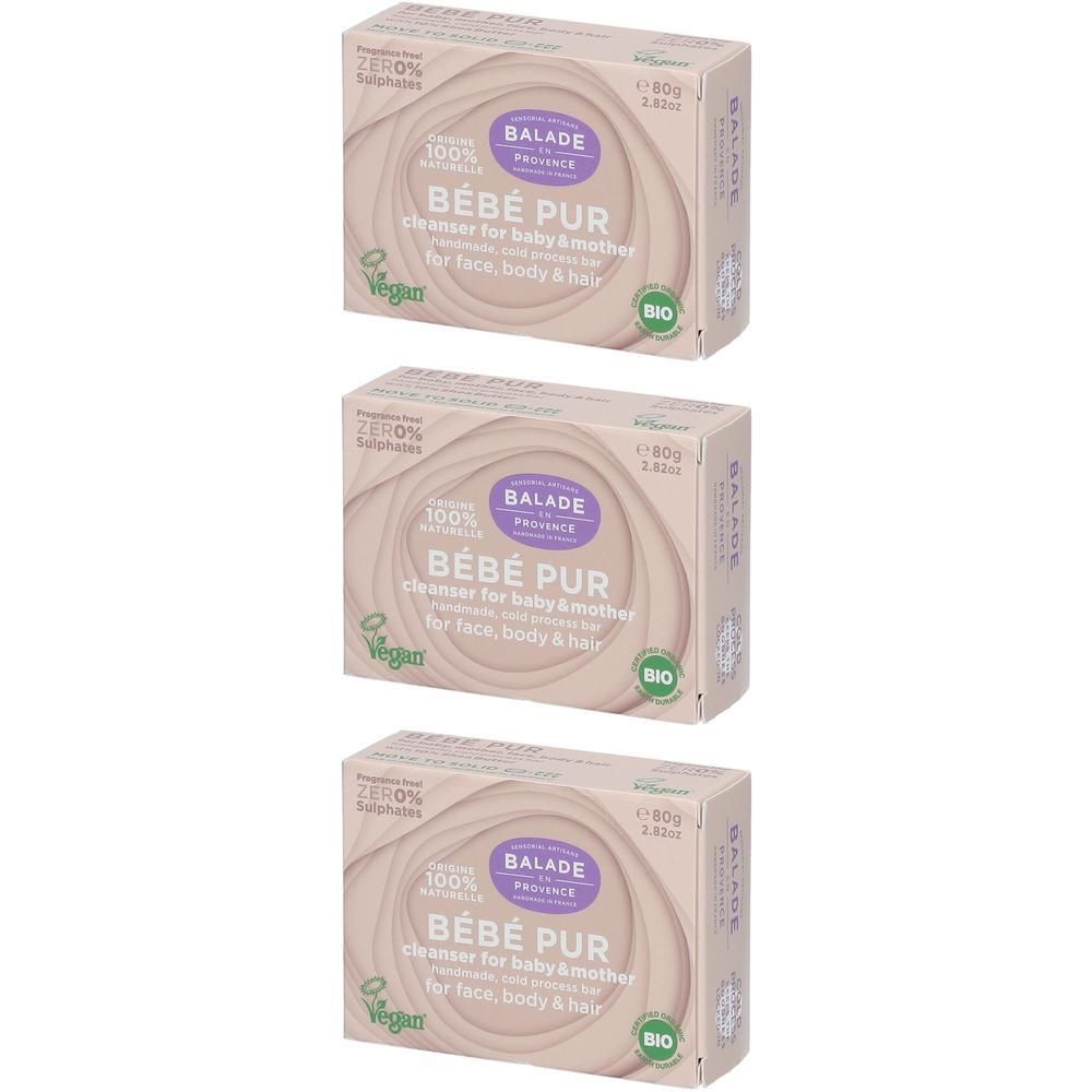 Drie pakken Balade en Provence Bébé Pur zeep, 80g. Voor gezicht, lichaam en haar.