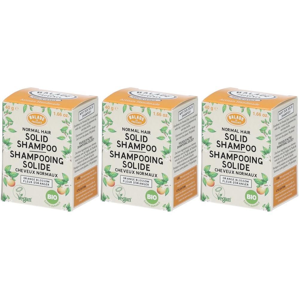 Trois boîtes de shampoing solide Balade en Provence pour cheveux normaux, parfum Fleur d'Oranger.