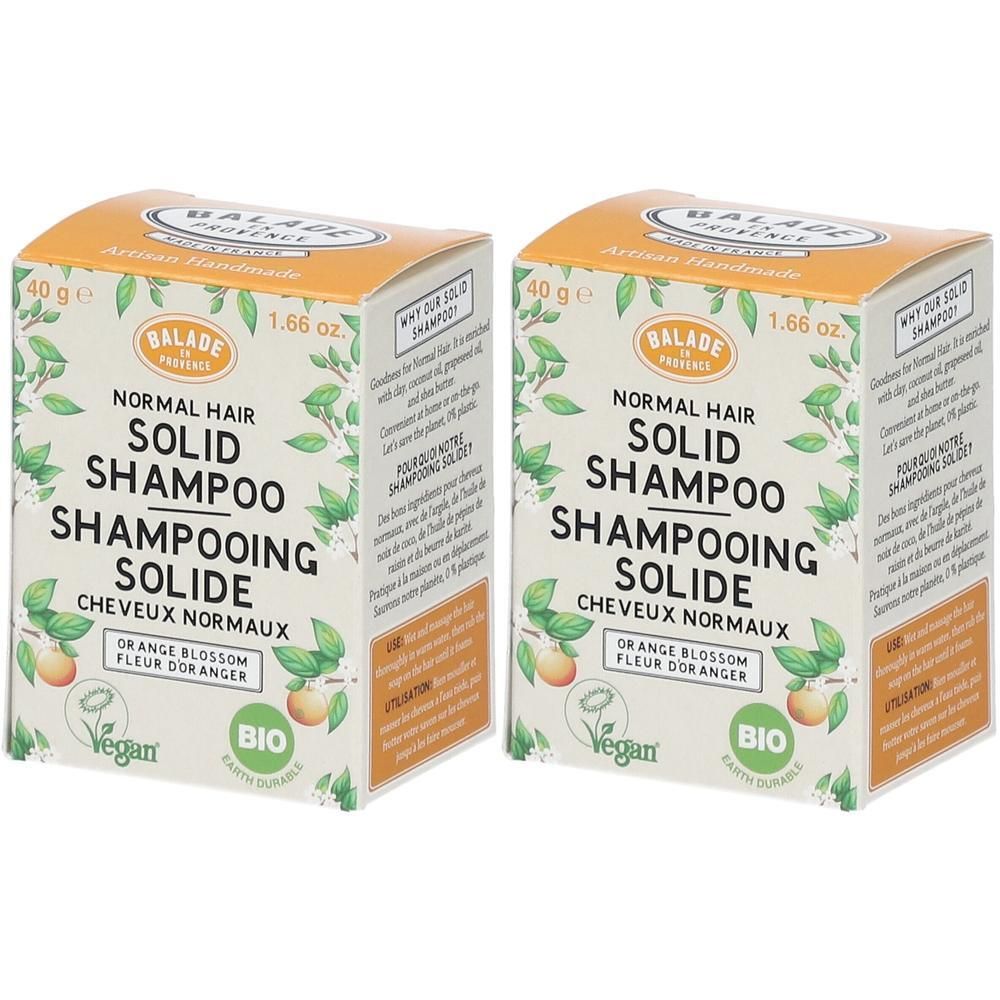 Deux paquets de shampoing solide Balade en Provence pour cheveux normaux, parfum Fleur d'Oranger.