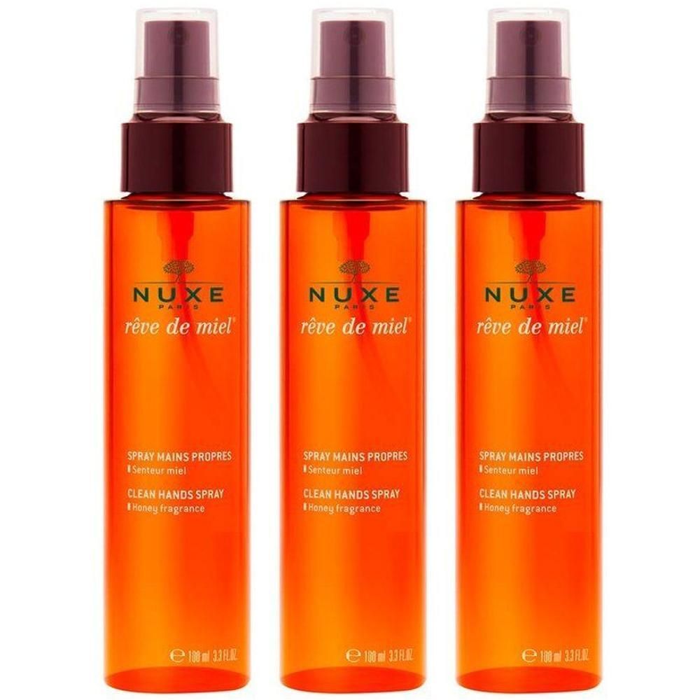 Drie Nuxe Rêve de Miel Clean Hands Spray flessen met honinggeur.