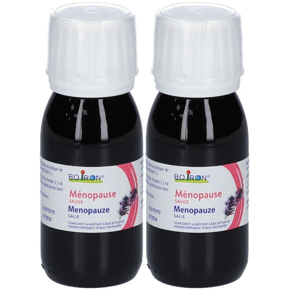 Twee flesjes Boiron Mèopause Salie, elk 2,5 ml.
