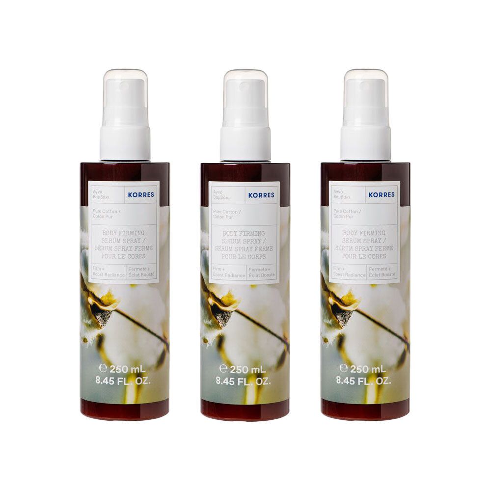 Drie Korres Body Firming Spray flessen met pompsprayers.