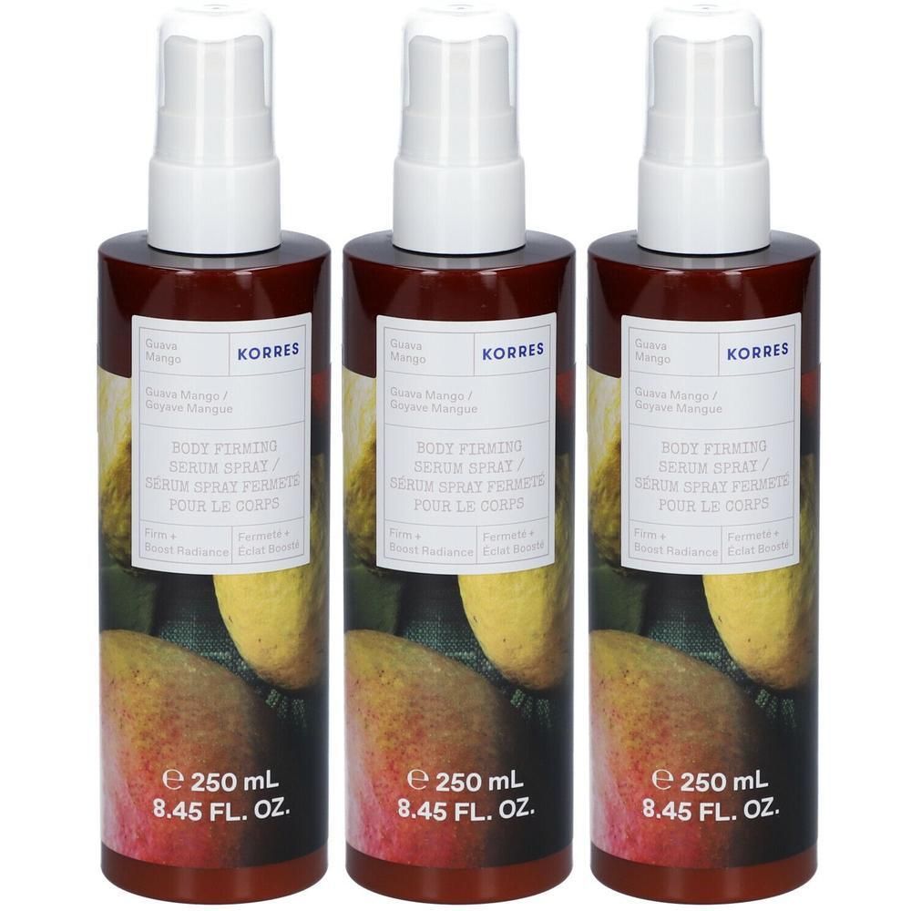 Drie Korres Body Firming Serum Sprays met Guave en Mango.