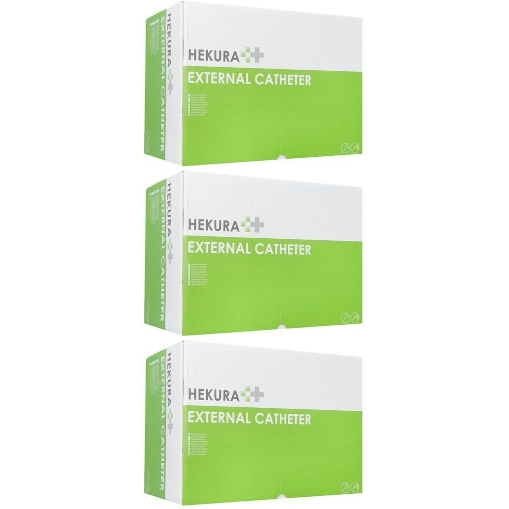 Trois boîtes Hekura External Catheter Plus, 31 mm. Emballage carton vert et blanc.