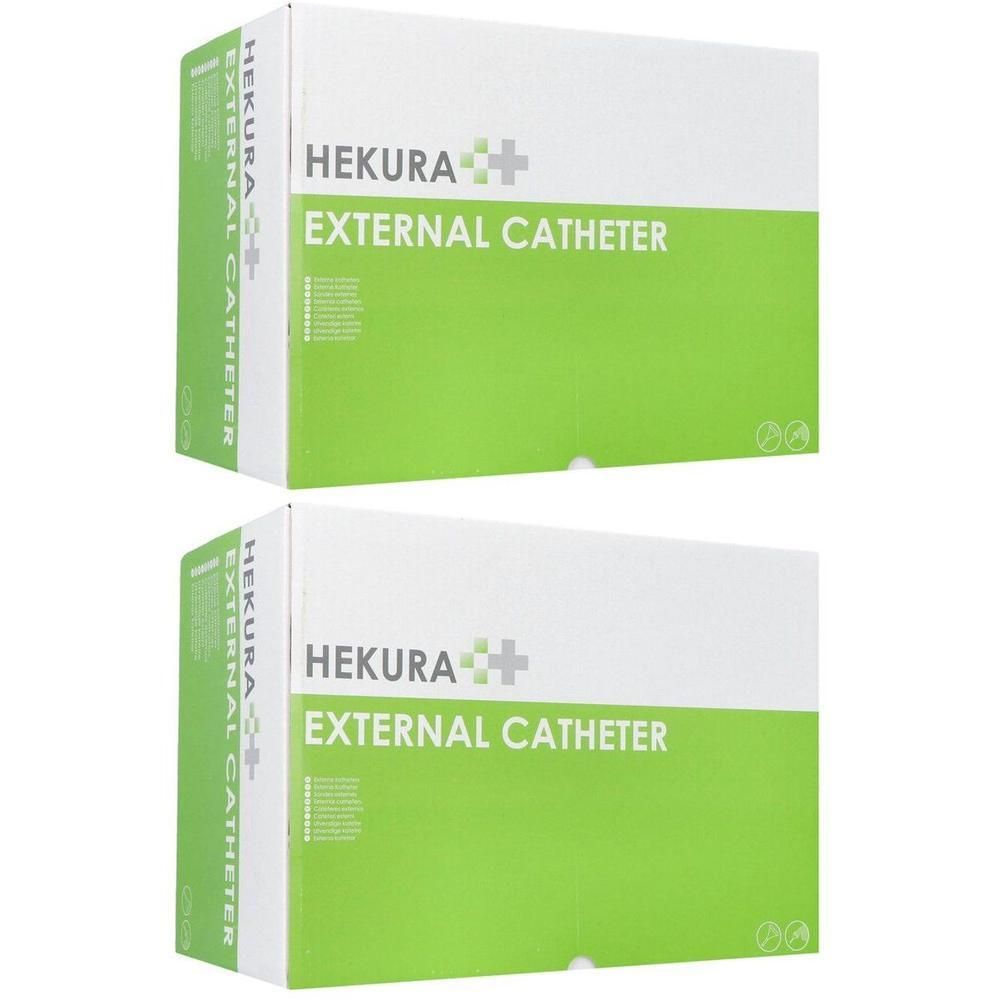 Twee Hekura Plus externe katheterdozen, wit en groen.
