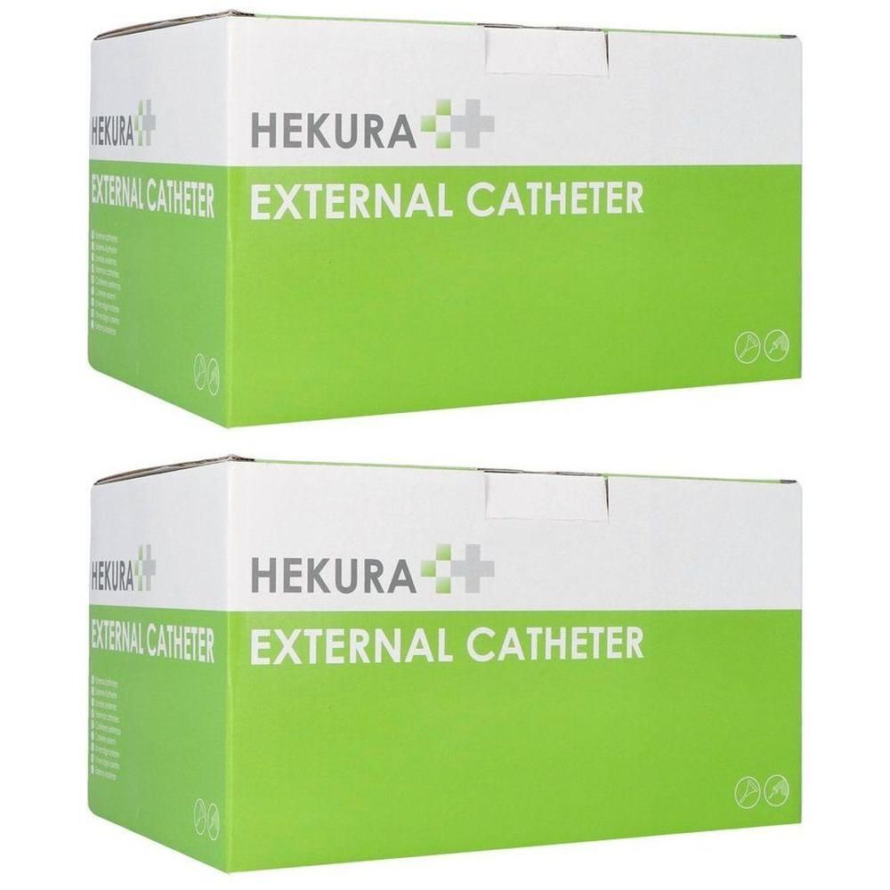 Twee Hekura externe katheter verpakkingen, wit en groen.